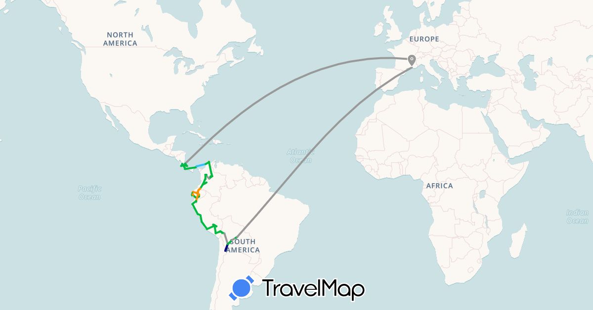 TravelMap itinerary: driving, bus, plane, hiking, boat, hitchhiking in Bolivia, Colombia, Costa Rica, Ecuador, France, Panama, Peru (Europe, North America, South America)